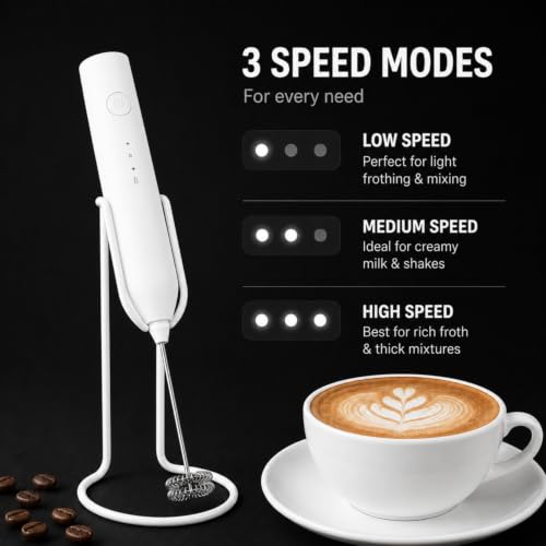 Image of Escala Coffee Frother Electric Rechargeable & Coffee Maker Machine for Home, 3 Speed Milk Frother, Coffee Beater, Coffee Whisker, Coffee Blender with Stainless Steel Whisk for Latte, Cappuccino