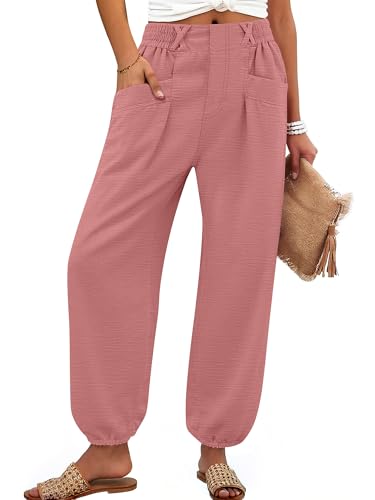 Image of ANRABESS Womens Pants Elastic Waist Summer Casual Harem Barrel Lounge Work Slacks Cropped Beach Vacation Clothes with Pockets