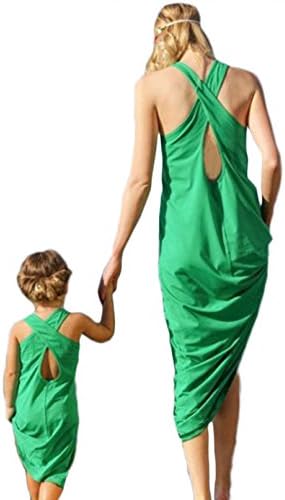 Mother Daughter Summer Sleeveless Green Sandy Beach Dress Family Matching