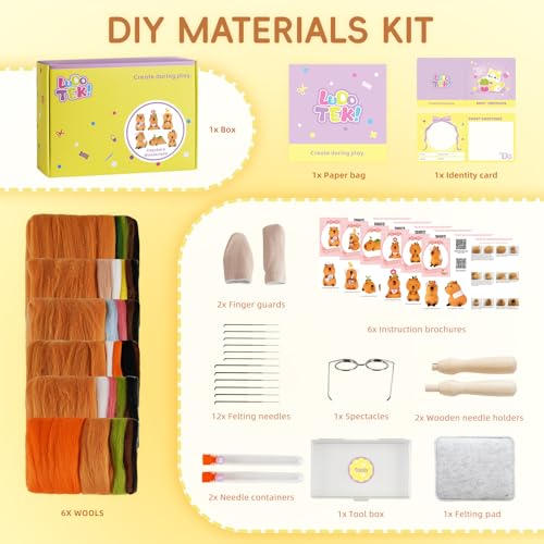 Image of LUDOTEK Needle Felting Kit, 6 PCS Farm Animal Needle Felting Beginner Kits, Wool Felt Needle Felting Tools Foam Pad, Craft Party Supplies for Beginners Adult(6pack Capybara)