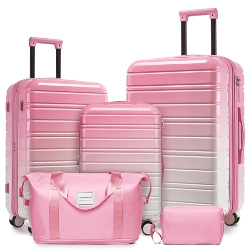 LARVENDER Luggage Sets 5 Piece Hardside Expandable Suitcase with Wheels Lock,PC+ABS Hardside Lightweight Rolling Suitcase for Women and Men,Peach Sparkling