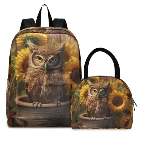 Backpack Lunch Box Set Large Capacity Travel Backpacks and Insulated Lunch Bag for Commute Hiking Picnic Sunflower Owl Print