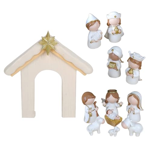 XINGLIDA Figuras de belén sagrada familia figura con burro belén decoración de mesa decoraciones navideñas religiosas familia sagrada figura de resina estatua con establo
