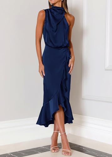 Image of KIRUNDO Women's Summer Satin Mock Neck Wedding Guest Dress | Party Cocktail Midi Dress, 2026 Spring Fashion, Silky, Elegant Classy Halter High Neck, Sleeveless Wrap Ruffle Formal Dress