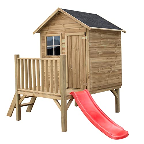 Gartenhaus Kinder mit Rutsche - Spielhaus Kinder Outdoor - Aus Imprägniertem Gehobeltem Kiefernholz - Originell und Einzigartig Gartenspielhaus (Hellgrüne Rutsche)