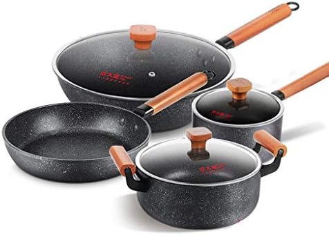 DLT 4-Piece Marble Stone Coating Nonstick Wok Cookware Set, Soup Pot Frying Pan with Wooden Handles, Kitchenware Set, Pots and Pans Set, Red