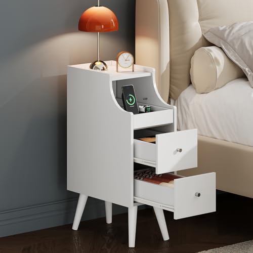WLIVE Small Nightstand with Drawers, Narrow Bedside Tables with Open Shelf & Cable Hole, Narrow Nightstand for Bedroom, Modern Storage Cabinet for Small Spaces/Living Room, White