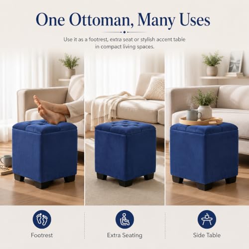 Image of ShadowKart Velvet Cube Ottoman | Seating Stool for Living Room | Soft Cushioned Footrest Stool with Durable Plastic Legs | Multipurpose Seating & Pouffe Home Decor, 12x12x14 inch (Royal Blue)