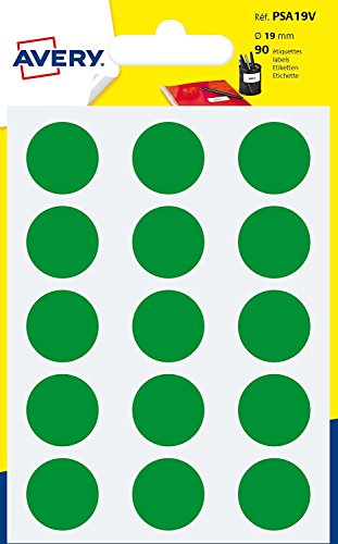 AVERY - Sachet de 90 pastilles vertes autocollantes, Diamètre 19 mm