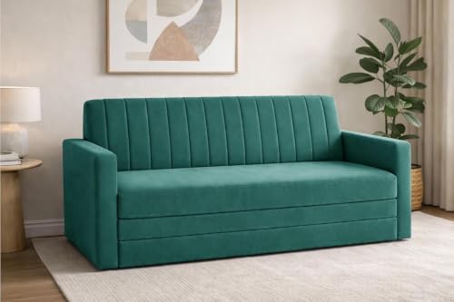 Image of Sofa-Cum-Bed | Three-Seater Foladable Sofa with Armrest | Modern Fabric Sofa Bed for Living Room, Bedroom & Office - Green Color