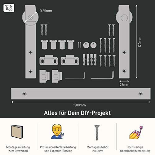 1x SCHIEBETÜRSYSTEM für Schranktüren, Industrial Laufschiene Kleiderschrank, Hängeschiene Kommode Scheunentor, kleine Holztür Nische Beschlag Barn Door Hardware Set (150cm, Schwarz)