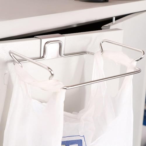 Image of Leadigol Over the Cabinet Garbage Bag Rack, Hanging Garbage Bags Holder Stainless Steel Trash Bag Holder Rack for Kitchen Cabinets Doors and Cupboards(Silver)