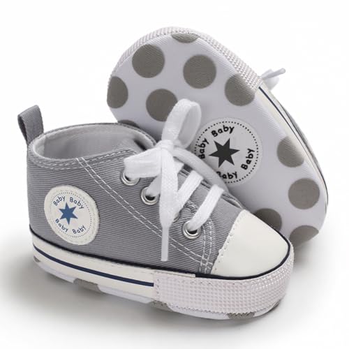 Image of Unisex Baby Boys Girls Shoes, Newborn Infant Non-Slip Canvas Denim High Top Sneakers, Toddler First Walkers Shoes