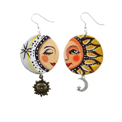 Boucles d'oreilles en bois peintes à la main – SOLEIL ET LUNE - Boucles d'oreilles pendantes pour femme, Bijoux en bois peint, Crochet en argent, Fabriqué...