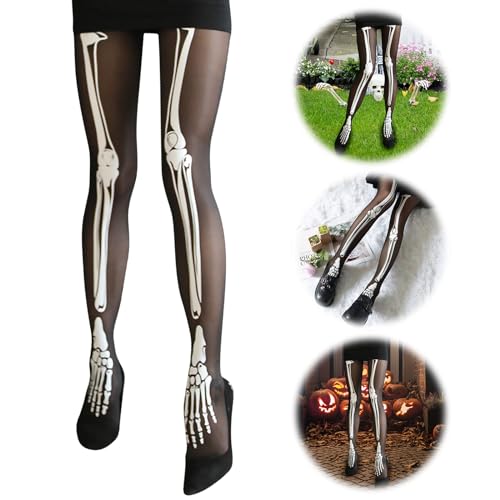 JOKILY Halloween Skelett Strumpfhose Damen, Tag der Toten Schwarz Weiß Knochen Strümpfe Dehnbare Hose, Knochen Gruselig Halloween Kostüm...