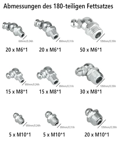 180 Stück Schmiernippel Sortiment kit：Gerader Hydraulik Fettnippel 45 ° 90 ° Kegelschmiernippel | Schmiernippel Set M6 M8 M10 Guter Dichtleistung für fettpresse Schmierpressen meisten Autos Traktoren