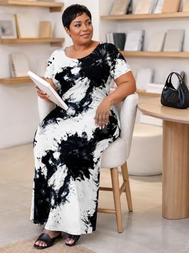 Image of SUZONANA Plus Size Maxi Dress for Curvy Women Summer Casual Sundress Short Sleeve Loose Vacation Dress
