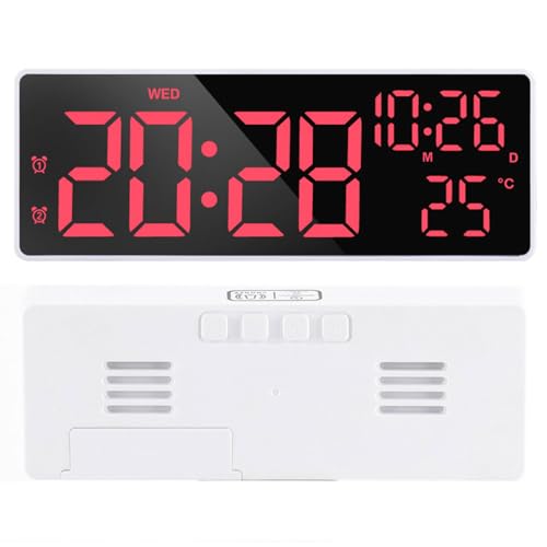 Mateju Despertador Digital, Portatil Reloj para Dormitorio Oficina, Relogio Despertador Tres, 12/24H, Carga Type C, Snooze, Reloj de Mesa, Blanco (Rojo)