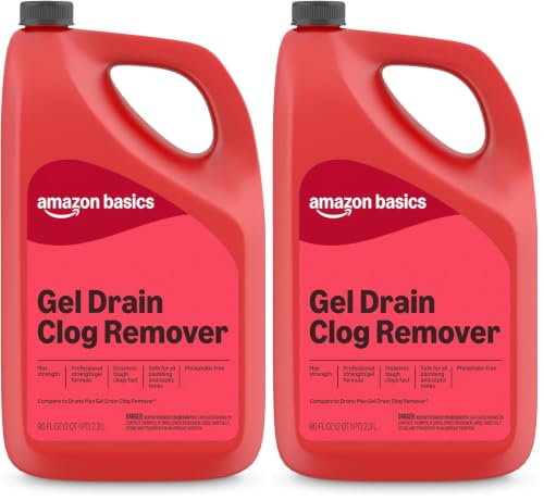 Amazon Basics Max Strength Drain Cleaner Gel, Hair Clog Remover, Dissolves Grease, Safe on All Pipes, 80 Fl Oz (Pack of 2), Packaging May Vary