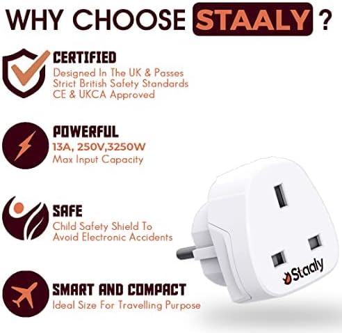 Staaly (2 Pack) UK to European Plug Adapter, European Travel Adapter, 13A max input, UK Type G to Europe Type E/F, Grounded Euro 3 pin to 2 pin for United Kingdom, Germany, France, Spain etc