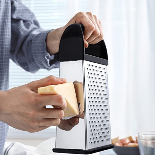 Spring Chef Professional Cheese Grater, Stainless Steel With Soft Grip Handle, 4 Sides, Handheld Kitchen Food Shredder Best Box Grater For Parmesan Cheese, Vegetables, Ginger, 10" Black #TOP3