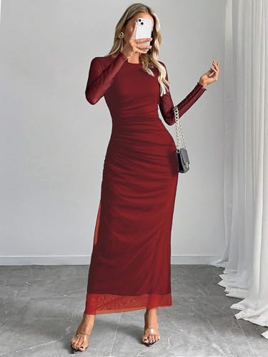 Image of Womens Long Sleeve Maxi Dress Mesh Bodycon Spring Fall Formal Wedding Guest | Tie Dye Ruched Night Out Cocktail Party Long Dresses