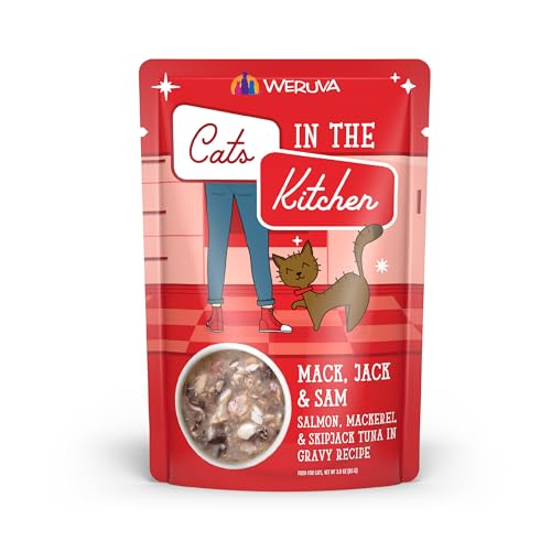 Image of Weruva Cats in the Kitchen Mack, Jack & Sam with Mackerel, Skipjack & Salmon in Gravy Cat Food, 3oz Pouch (Pack of 12)