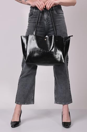 Image of LEEZEL Women's Structured Tote Bag - Large Capacity Work & Travel Purse Croco Pattern Vegan Leather Stylish Tote Bag Classic Everyday Shoulder Bag