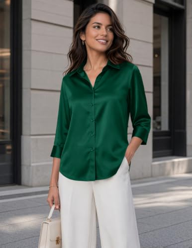 Image of Zeagoo Womens Satin Blouses Button Down Shirts 3 /4 Sleeve Dressy Tops S-2XL