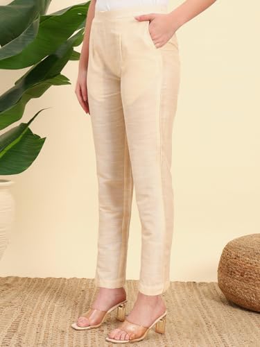 Image of Vogaan Women's Cotton Silk Pant | Half-Elasticated Waist Slim Fit Trouser for Women | Casual Pocket Pants for Office Formal Daily Use