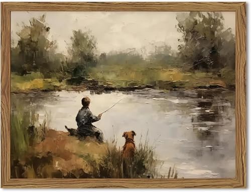 Image of Vintage Wall Art, Boy Fishing Wall Decor Paintings, Dog and Boy Landscape Canvas Prints Vintage Country Farmhouse Artwork for Bedroom Living Room 24x16 inch Wood Framed