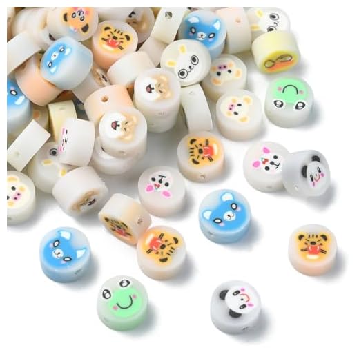 Stiesy 100 contas feitas à mão de argila de polímero planas redondas com contas soltas de animais porco coelho urso sapcer contas a granel para fazer joias DIY