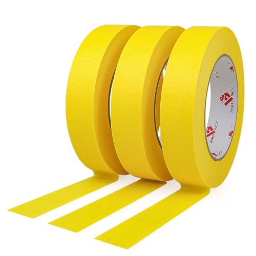 BOMEI PACK Yellow Painters Tape 1 Inch Bulk - Paint Tape 3 Rolls x 1 Inch x 60 Yards - Painters Tape Yellow Masking Tape for Walls Painting DIY Crafting and School Project Total 180 Yards