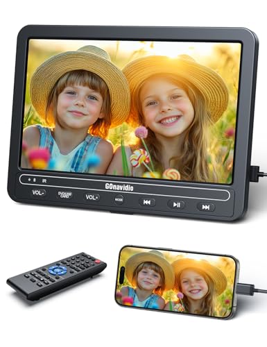 GOnavidio Lecteur DVD portable10,5 Pouces avec HDMI Input, 5 Heures de Batterie Rechargeable, Lecteur DVD Voiture, connecté au téléphone, ecran Enfant appuie tête Equipé Casque