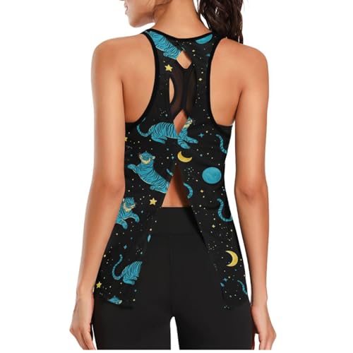 voucong Camiseta sin mangas para mujer, tela de malla atlética, holgada, ajustada, para gimnasio, correr, yoga, estilo bohemio, tigres azules, Tigres azules de estilo bohemio, S