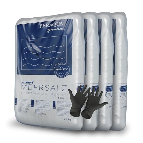 Peraplas Poolsalz 100 kg aus Meersalz, Schwimmbadsalz, Regeneriersalz, Chlorinator geeignet, Salzelektrolyse, Siedesalz inklusiv 1 Paar ARNOMED Einweghandschuh