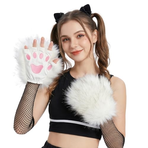 TINAYAUE Guantes de pata de lobo, oso, perro, gato, patas de piel sintética, guantes sin dedos, disfraz de hombre lobo, manos de animales, Halloween, cosplay, accesorios para adultos y niños, blanco
