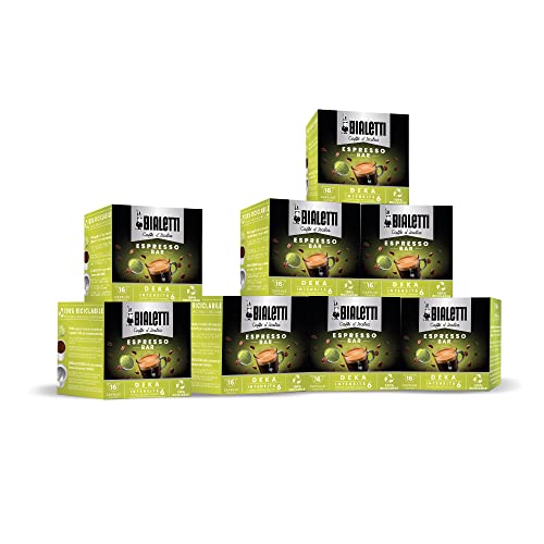 Bialetti Caffè d'Italia, Multipack 128 Capsule, 8 Box da 16 Capsule, Decaffeinato, Intensità 6, Compatibili con Macchine Bialetti sistema chiuso, 100% Alluminio