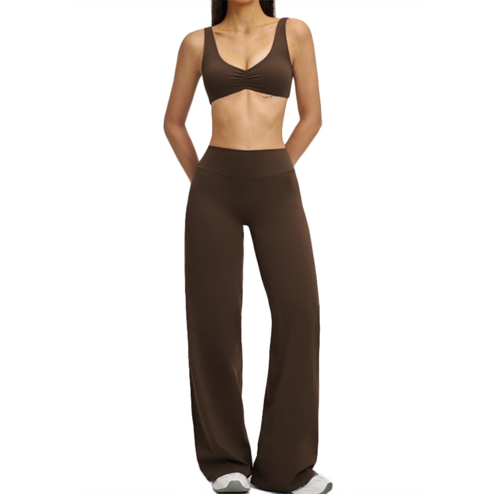 JPXJGT Women Yoga Set Wrinkle Front Sports Bra Elastic High Waist Wide Pants Outdoor Casual Workout Clothes(Size:M,Color:Brown)