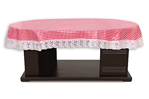Image of The Furnishing Tree Waterproof PVC Oval Shaped 4 to 6 Seater Table Cover WxL 54x78 inches Pin Check Pattern Pink with White Border lace