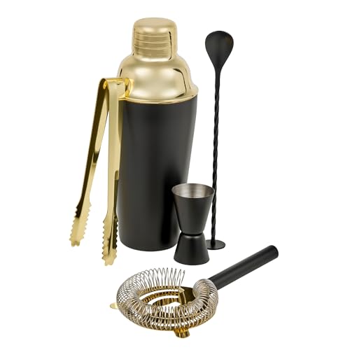 Homiu Cocktail Shaker Set Black and Gold 5-Piece, Stainless Steel Contains Shaker, Double Jigger, Ice Tongs, Strainer, Bar Spoon, and Cocktail Recipe Book in Gift Box, Bartender Accessories