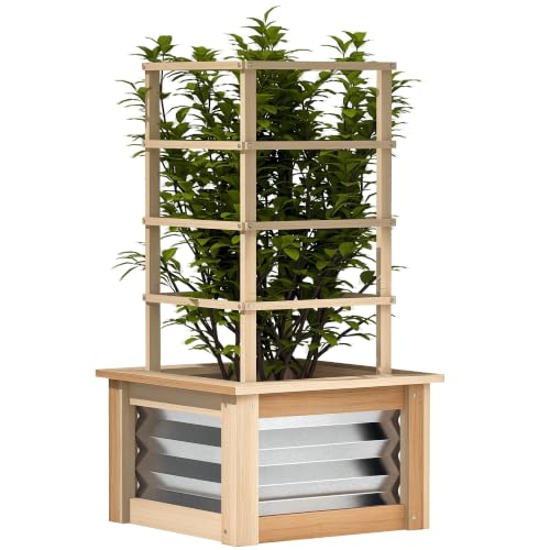 Outsunny Raised Garden Bed with Trellis, Wooden Planter Box, Natural Wood