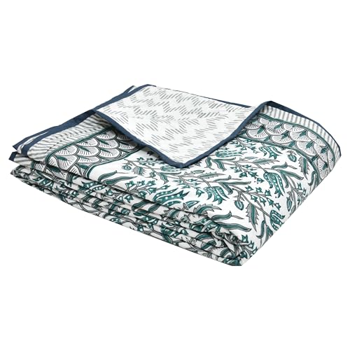Image of BLOCKS OF INDIA 100% Cotton Dohar King Size Reversible Hand Block Printed Malmal Summer Dohar /Blanket (Green BEL)