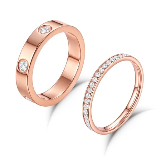 Love Gold Rings for Women 2Piece Unisex 18K Rose Plated Stainless Steel Cubic Zirconia Friendship Wedding Birthday Anniversary Promise ring