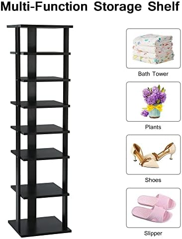 COZYFUN Narrow Shoe Rack, Wooden Shoe Shelf 7-Tier, Vertical Shoe Storage Cabinet, Tall Entryway Shoe Tower Slim Free Standing Shoe Organizer for Narrow Closet, Bedroom,Hallway,Entryway (Small, Black)