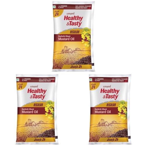Image of Emami Healthy And Tasty Regular Kachchi Ghani Mustard Oil 825 G Pouch. (Pack of 3)
