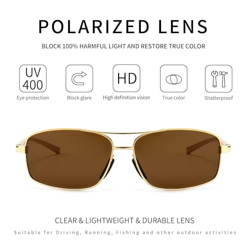 Image of SUNGAIT Ultra Lightweight Rectangular Polarized Sunglasses UV400 Protection (Gold Frame Brown Lens, 62) Metal Frame SGT458 JKC-CA