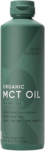 Sports Research - Aceite MCT prémium derivado de cocos orgánicos, ideal en café ceto, té, batidos y aderezos para ensaladas, orgánico USDA,
