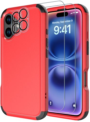 Image of Diverbox for iPhone 16 Plus Case [Shockproof] [Dropproof] [Tempered Glass Screen Protector + Camera Protectors] Heavy Duty Protection Phone Case Cover for Apple iPhone 16 Plus (Red)
