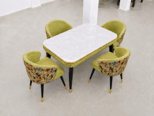 Image of WOODEN SPACE Majestic 4 Seater Wooden Dining Table Set | Urban Marble Top Dining Table with Chairs for Dining Room & Kitchen (Modern Classic Printed Light Green) (54 x 36 x 30 inch)